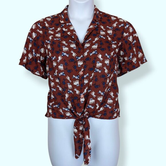 Monteau Dog Print Front Tie Blouse - Picture 1 of 10